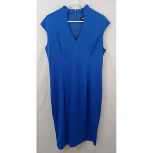 Alexia Admor Dress Sz XL Blue Deep V Neck Short Cap Sleeves Straight Pencil